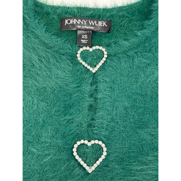 Johnny Wujek Juniors Fuzzy Knit Top XS Teal with Rhinestone Heart Accents - Picture 5 of 6